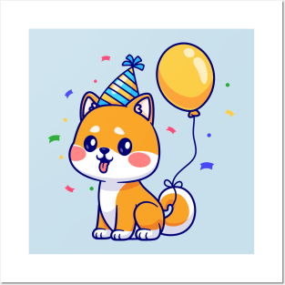 Cute Shiba Inu Dog Birthday Party With Balloon Cartoon Posters and Art